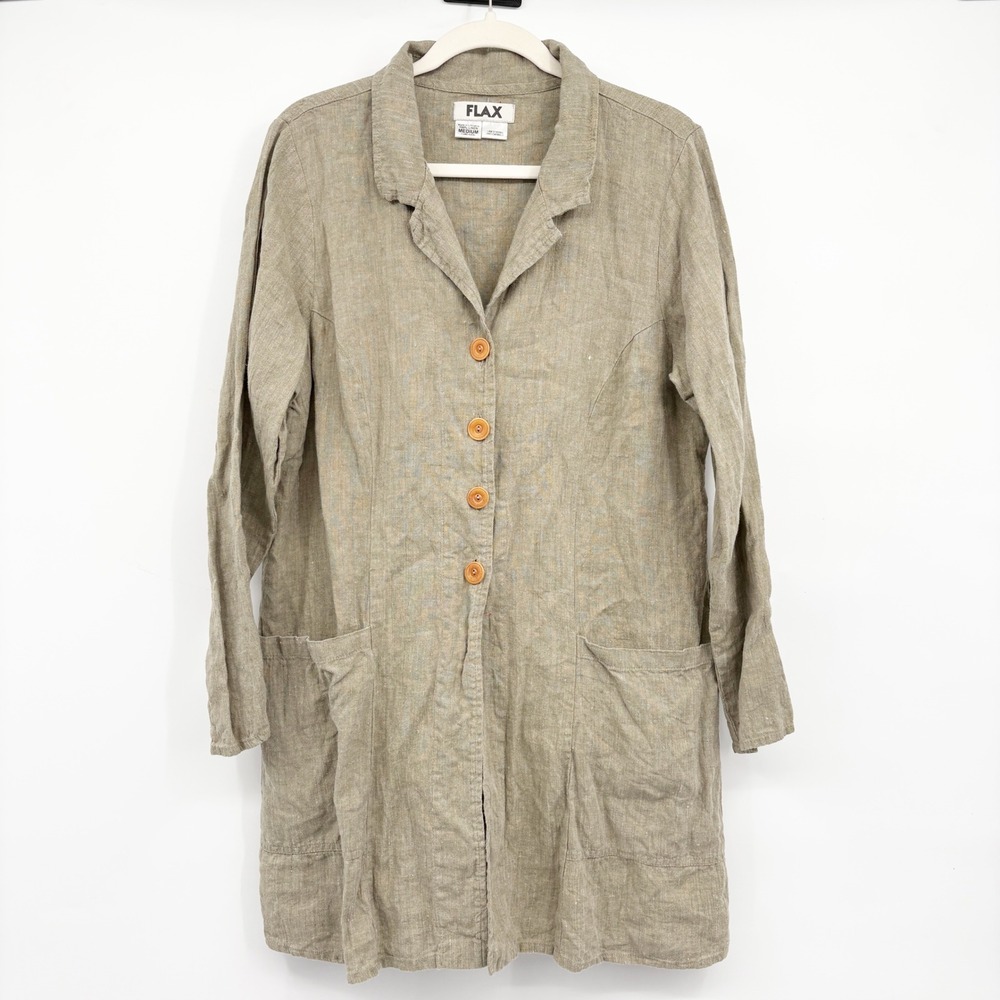 FLAX Womens Olive Green 100% Linen Lagenlook Longline Button Front Jacket Size M